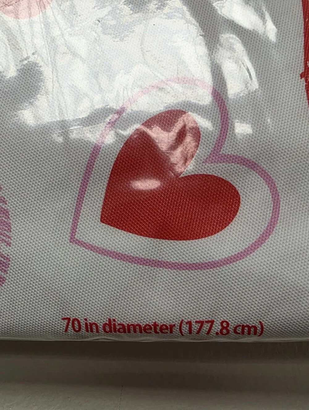 Valentines Day Heart Toss Vinyl Tablecloth Red Pink Hearts 70 inch Round